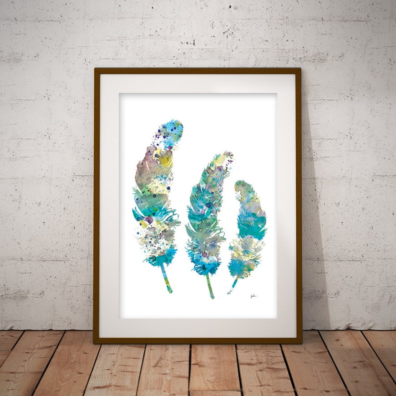 Blue Feathers Watercolor Painting, Watercolor Art Print Feather Wall Decor, Teal, Gray, Blue Art Prints, Girls Room Home Decor, Gifts image 4