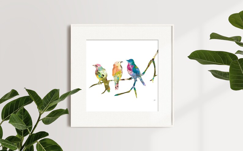 Birds on a Branch Art Print, 8x10 Bird Wall Decor Watercolor Art, Colorful Painting, Home Decor Gifts Blue, Pink, Green, Orange, Yellow image 8