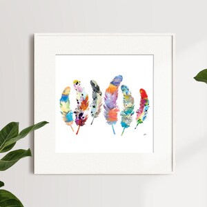 Watercolor Print Feather Art, Archival Print, Colorful 6 Feather Painting Feathers Art Print Wall Decor Art Home Decor, Gift for Her image 9