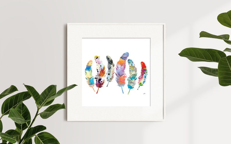 Watercolor Print Feather Art, Archival Print, Colorful 6 Feather Painting Feathers Art Print Wall Decor Art Home Decor, Gift for Her image 9