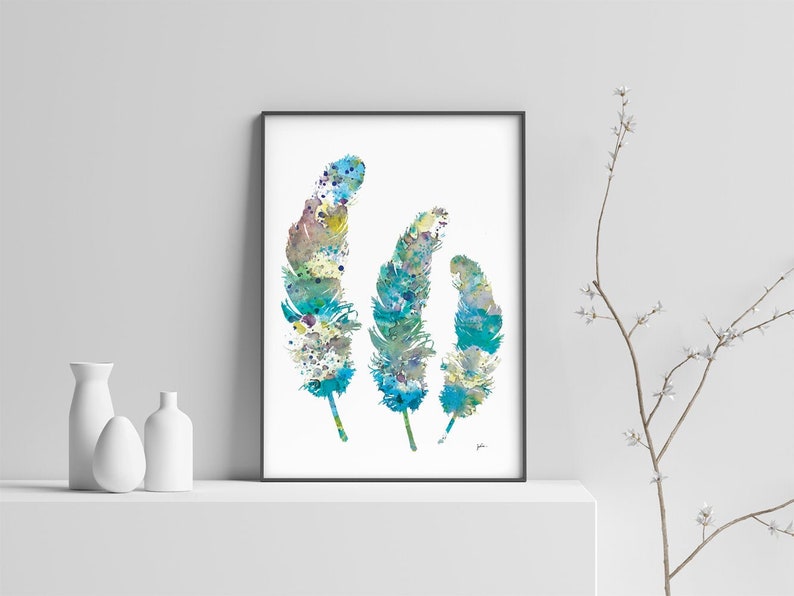 Blue Feathers Watercolor Painting, Watercolor Art Print Feather Wall Decor, Teal, Gray, Blue Art Prints, Girls Room Home Decor, Gifts image 3