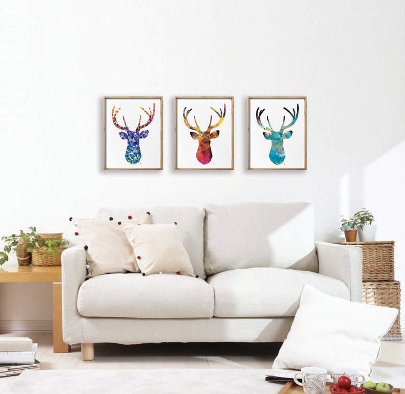 Antler Stag Blue Deer Print Set of 3 Minimalist Art - Etsy