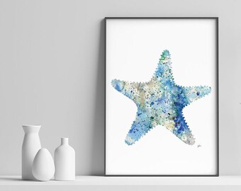 Blue and Gold Starfish Decorative Ceramic Wall Art Tile 8x10 