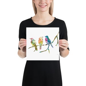 Birds on a Branch Art Print, 8x10 Bird Wall Decor Watercolor Art, Colorful Painting, Home Decor Gifts Blue, Pink, Green, Orange, Yellow 10×10 inches