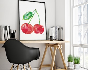 Cherry Watercolor Painting Fruit Art Prints Watercolor Art Minimalist 8x10 Red and Green Wall Decor Art Home Decor, Christmas Gifts for Her