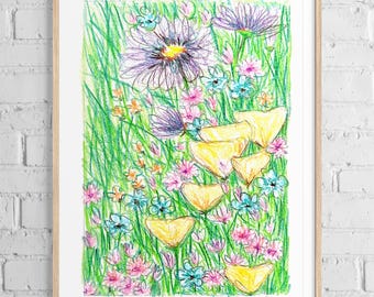Field of Dreams Art Print, 8x10 inch Wildflowers Colored Pencil Drawing, Whimsical Floral Home Decor, Colorful Flowers Wall Art Gift for Her