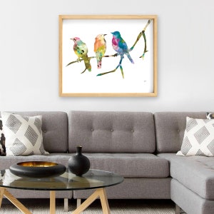 Birds on a Branch Art Print, 8x10 Bird Wall Decor Watercolor Art, Colorful Painting, Home Decor Gifts Blue, Pink, Green, Orange, Yellow 24×36 inches