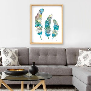 Blue Feathers Watercolor Painting, Watercolor Art Print Feather Wall Decor, Teal, Gray, Blue Art Prints, Girls Room Home Decor, Gifts image 8