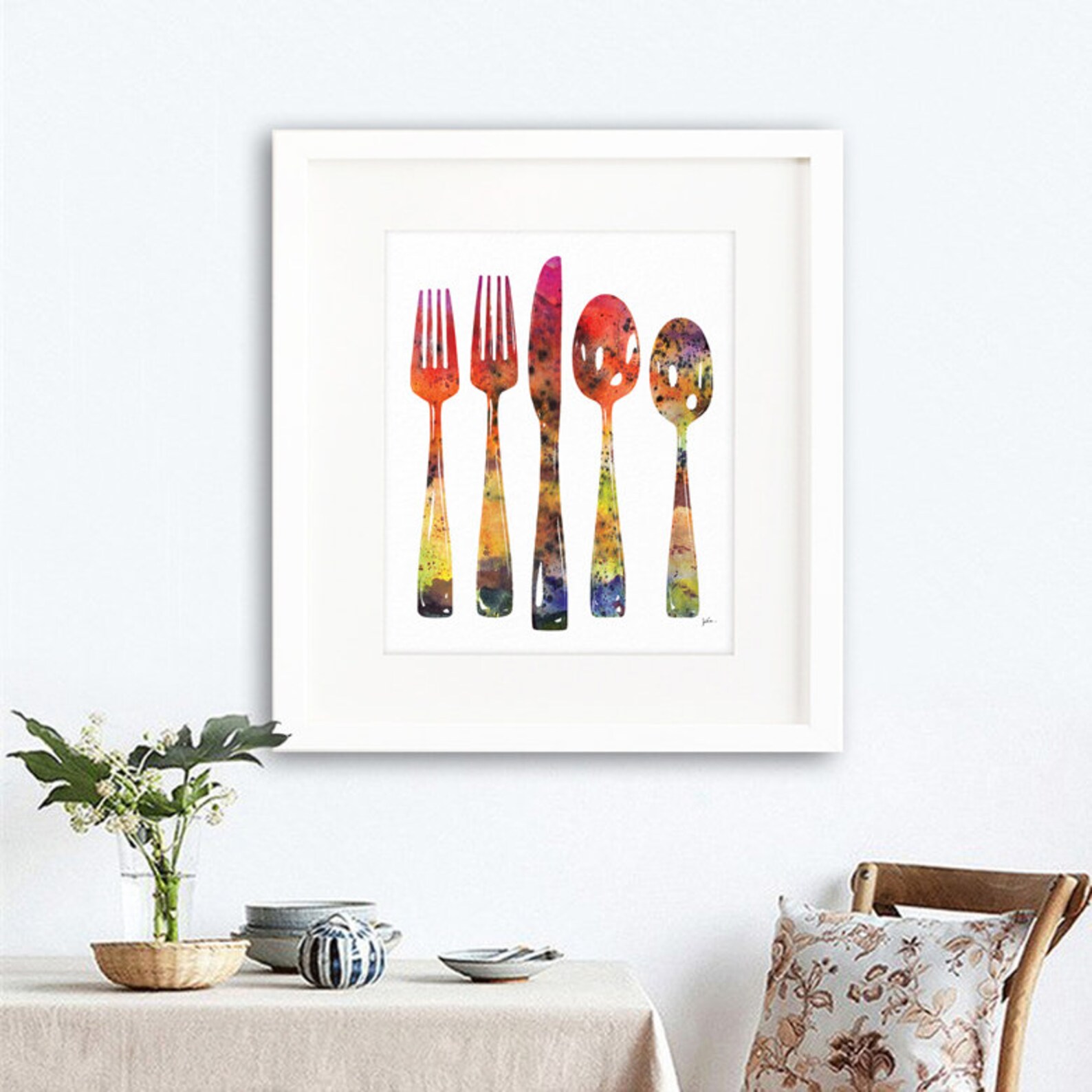 Fork and Spoon Painting Watercolor Art Print 5x7 Colorful Etsy
