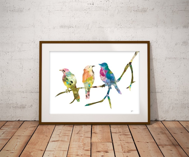 Birds on a Branch Art Print, 8x10 Bird Wall Decor Watercolor Art, Colorful Painting, Home Decor Gifts Blue, Pink, Green, Orange, Yellow image 3