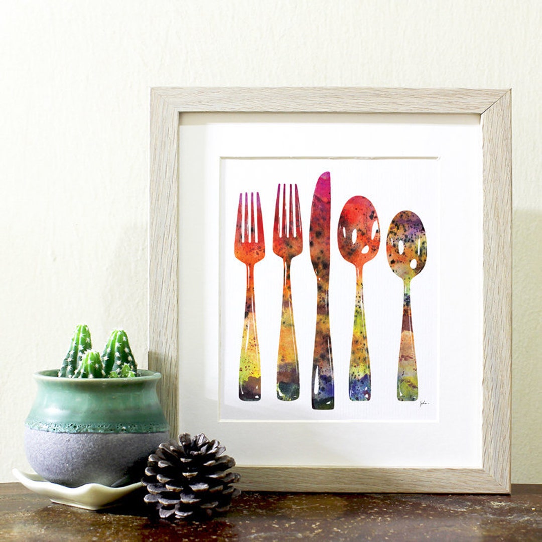 Fork and Spoon Painting Watercolor Art Print 5x7 Colorful Etsy