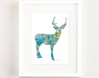 Blue Deer Wall Decor Watercolor Art Prints 5x7/8x10/11x14/Large Archival Prints, Dreamy Deer Painting, Woodland Animals Stag, Deer Print