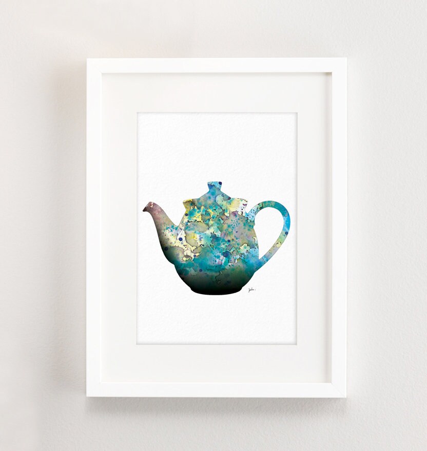 Teapot Art Watercolor Painting 5x7 Archival Print Teal Etsy