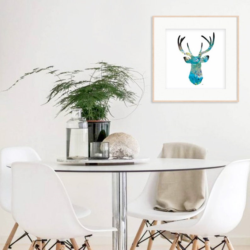 Blue Deer Watercolor Print 8x10 Archival Print Deer Painting Deer Art Print Teal, Blue, Black, Gray Wall Decor Art Home Decor, Gift 18×18 inches