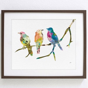 Birds on a Branch Art Print, 8x10 Bird Wall Decor Watercolor Art, Colorful Painting, Home Decor Gifts Blue, Pink, Green, Orange, Yellow 12×16 inches