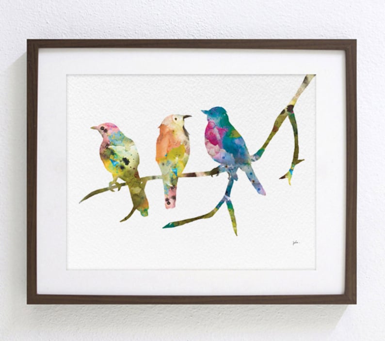 Birds on a Branch Art Print, 8x10 Bird Wall Decor Watercolor Art, Colorful Painting, Home Decor Gifts Blue, Pink, Green, Orange, Yellow 12×16 inches