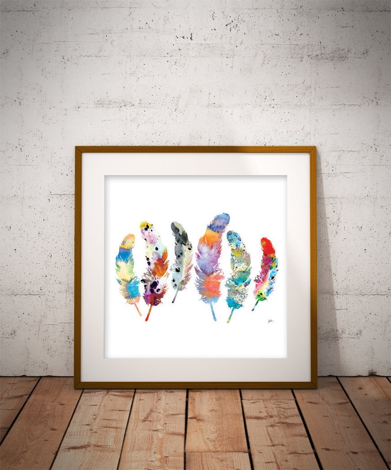 Watercolor Print Feather Art, Archival Print, Colorful 6 Feather Painting Feathers Art Print Wall Decor Art Home Decor, Gift for Her 18×18 inches