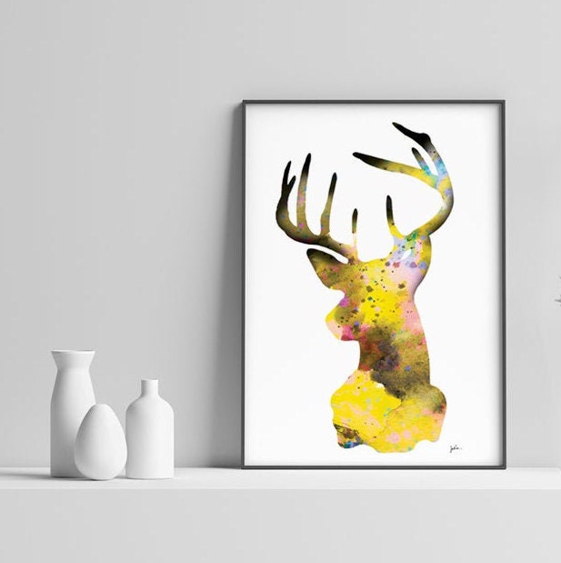 Stag abstract water colour animal silhouette wall art prints Stag abstract water colour animal silhouette wall art prints
