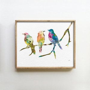 Birds on a Branch Art Print, 8x10 Bird Wall Decor Watercolor Art, Colorful Painting, Home Decor Gifts Blue, Pink, Green, Orange, Yellow image 5