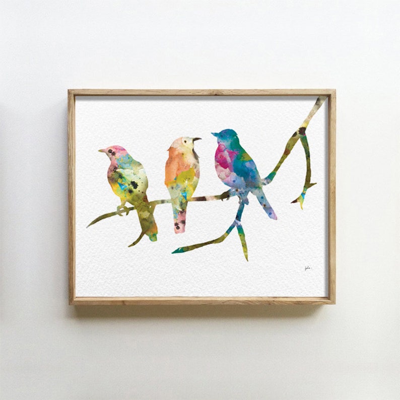Birds on a Branch Art Print, 8x10 Bird Wall Decor Watercolor Art, Colorful Painting, Home Decor Gifts Blue, Pink, Green, Orange, Yellow image 5