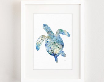 Sea Turtle Art Blue Watercolor Painting, 8x10 Archival Print, Sea Prints, Animals, Turtle Silhouette Art, Sea Prints, Beach Art Home Decor