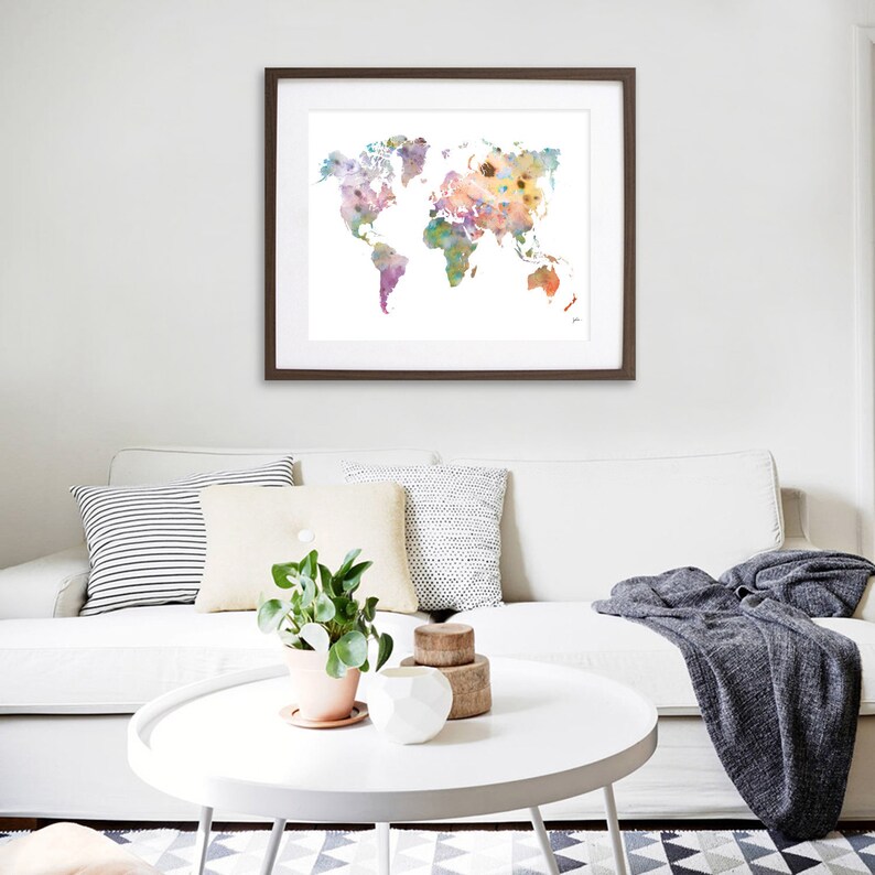 Colorful Map Painting World Map Art Watercolor Print Etsy