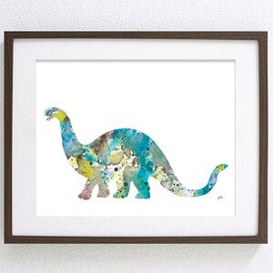 Blue Dinosaur Watercolor Print 5x7 Archival Print, Brontosaurus Dino Painting, Dinosaur Art Print Wall Decor Art Home Decor Gifts image 2