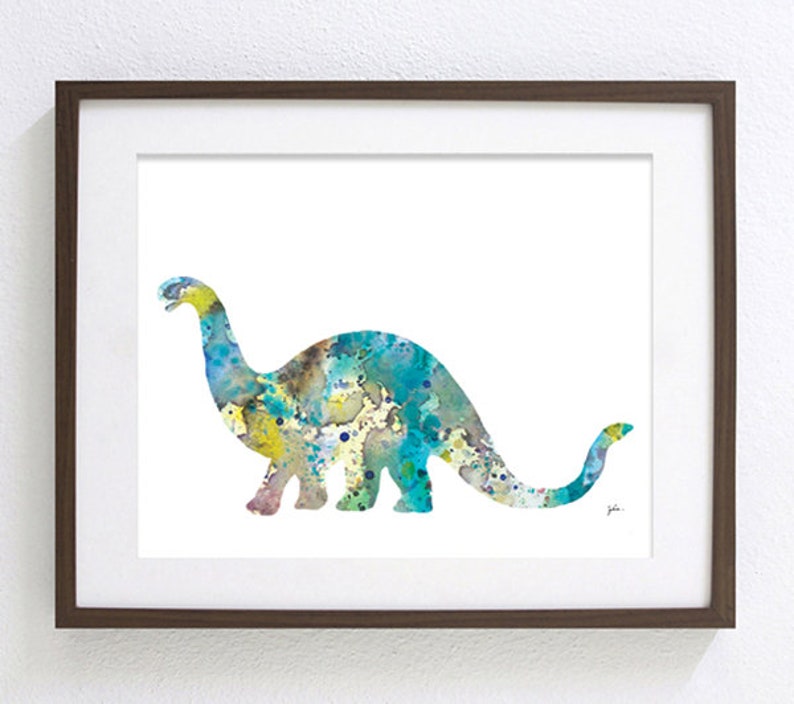 Blue Dinosaur Watercolor Print 5x7 Archival Print, Brontosaurus Dino Painting, Dinosaur Art Print Wall Decor Art Home Decor Gifts image 2