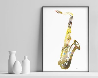 Yellow Saxophone Art Watercolor Painting 5x7/8x10/11x14 Archival Art Print - Musical Instrument Silhouette Home Decor, Music Wall Art, Gifts