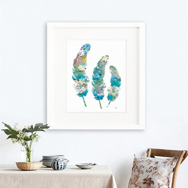 Blue Feathers Watercolor Painting, Watercolor Art Print Feather Wall Decor, Teal, Gray, Blue Art Prints, Girls Room Home Decor, Gifts image 2