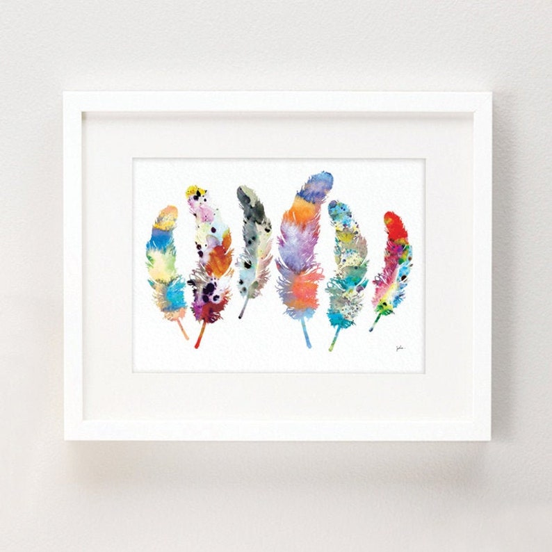 Watercolor Print Feather Art, Archival Print, Colorful 6 Feather Painting Feathers Art Print Wall Decor Art Home Decor, Gift for Her image 1