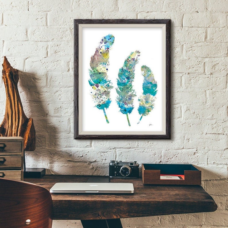 Blue Feathers Watercolor Painting, Watercolor Art Print Feather Wall Decor, Teal, Gray, Blue Art Prints, Girls Room Home Decor, Gifts image 5