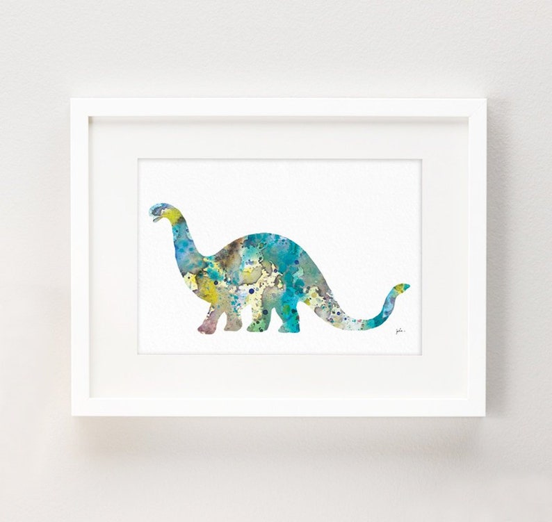 Blue Dinosaur Watercolor Print 5x7 Archival Print, Brontosaurus Dino Painting, Dinosaur Art Print Wall Decor Art Home Decor Gifts image 1