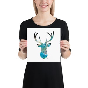 Blue Deer Watercolor Print 8x10 Archival Print Deer Painting Deer Art Print Teal, Blue, Black, Gray Wall Decor Art Home Decor, Gift 10×10 inches