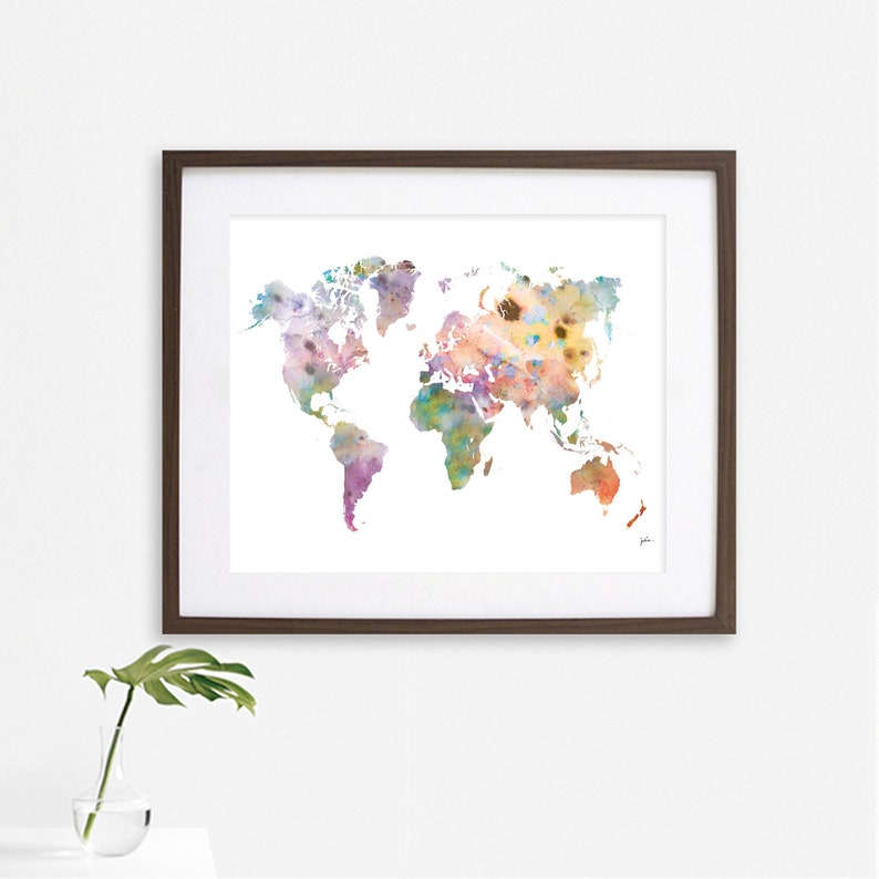 Colorful Map Painting World Map Art Watercolor Print Etsy