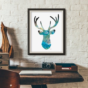 Blue Deer Watercolor Print - 8x10 Archival Print - Deer Painting - Deer Art Print - Teal, Blue, Black, Gray Wall Decor Art Home Decor, Gift