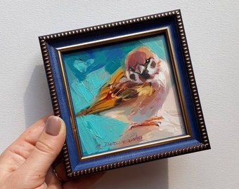 Sparrow art oil framed, Small bird painting original in frame, Framed painting of sparrow birds, Pocket bird picture