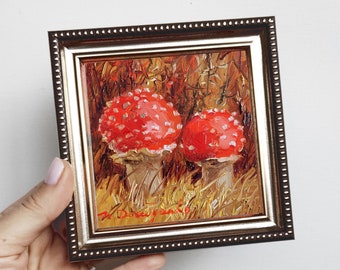 Fly agaric artwork two red mushroom oil painting original 4x4 small framed art, Thank you gift