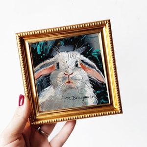 Cute rabbit painting original oil framed 4x4, Small framed art white rabbit artwork black background, Bunny painting quote gift