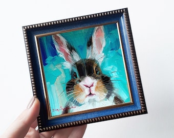 Schwarz und weiß Kaninchen Malerei original Öl gerahmt 4x4, kleine gerahmte Kunst rote Augen Kaninchen Kunstwerk, Bunny Malerei Geschenk für Frau