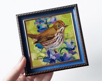 Bird painting original, Ovenbird art painting, Miniature painting 4x4, Gift for dad, Mother's day gift