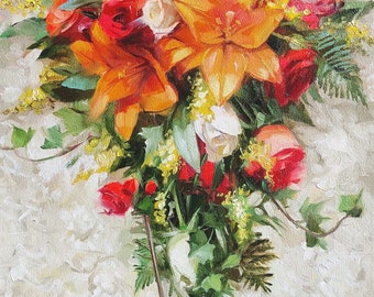 Custom Wedding Bouquet Oil Painting on Canvas, Personalized Floral Portrait