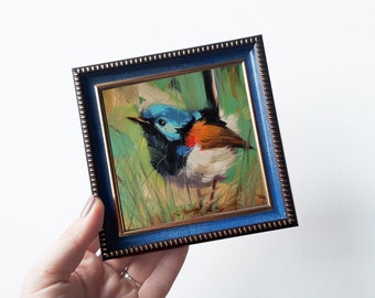 Fairy wren bird oil painting original 4x4, Miniature bird art small, Colorful bird tiny in frame, Bird in grass, Bird artwork