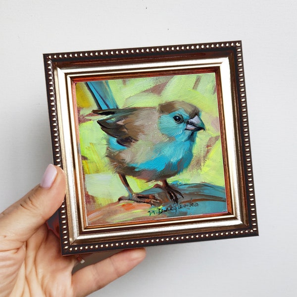 Vogel Kunst Malerei original 4x4, Ölgemälde Türkis Vogel, Blauer Waxbill Vogel Wandkunst, Tiny bird Bilderrahmen, Vogelliebhaber Geschenk Kunstwerk