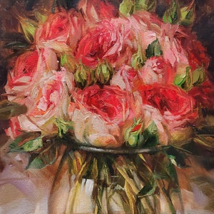 Pink Roses in Chanel No5, Original Oil Painting on 8x10 Unframe, carolinaelizabeth