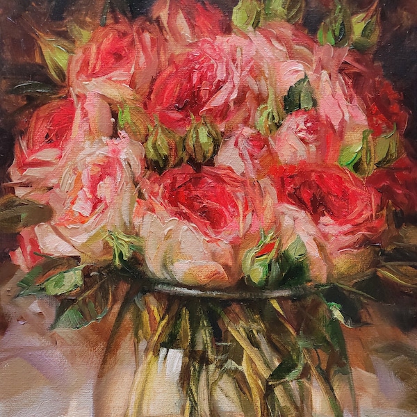 Roses flowers oil painting original canvas art, Floral painting red rose artwork impressionist, Birthday gift for women