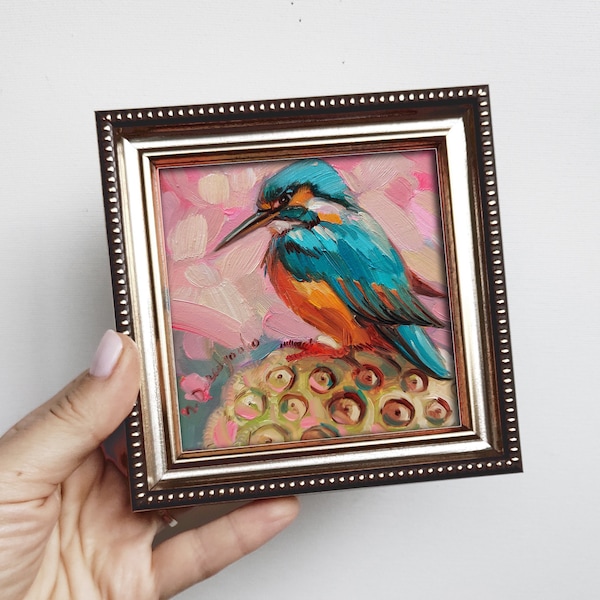 Eisvogel Vogel Malerei original kleine Kunst gerahmt 4x4, Türkis Vogel Wand Kunst Dekor personalisierte Geschenk Vogel Liebhaber Geschenk