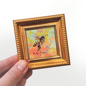 Bee oil painting original, Bee oil art tiny painting, Bee artwork framed handmade miniature - Bee kind with yourself