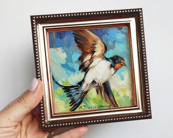 Swallow Bird fly painting original miniature 4x4 picture frame, Valentines day gift best friend, Pocket bird artwork painted framed
