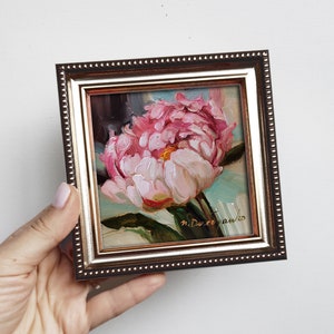 Peony original oil painting framed, Small painting pink flowers, Unique peony wall art, Floral art Valentines day gift for women